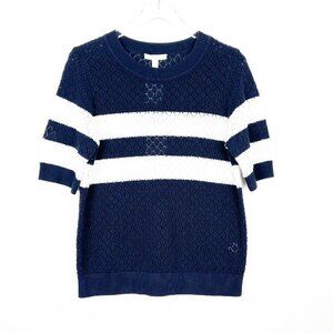 NWT 1901 Sweater Womens L Navy Blue White Short Sleeve Knit Pima Cotton Blend